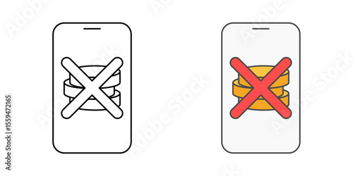 BNPL declined application icon with cross mark over mobile and coins, perfect for payment rejection, finance, and digital services illustrations.
