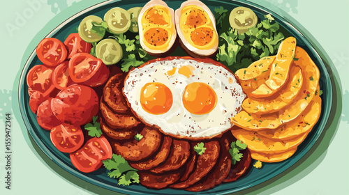 Traditional Colombian Bandeja Paisa Meal Flat Vector Illustration