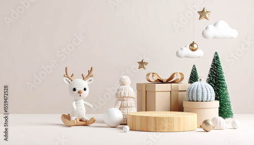 A space for displaying knitted dolls and products that create a winter atmosphere.