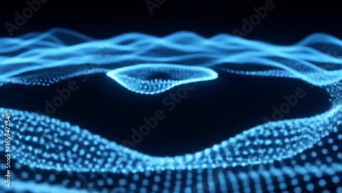 Blue glowing particle mesh waves forming abstract crater shape on dark digital space. Technology concept
