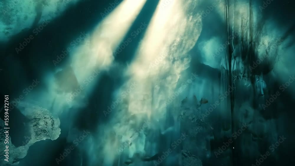 Teal abstract art with light beams, resembling decaying textures and ethereal forms