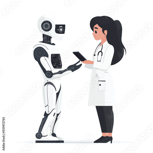 Artificial intelligence in medicine. Ai robot character with doctor stethoscope consulting patient in smartphone app. Healthcare technology concept. Vector illustration