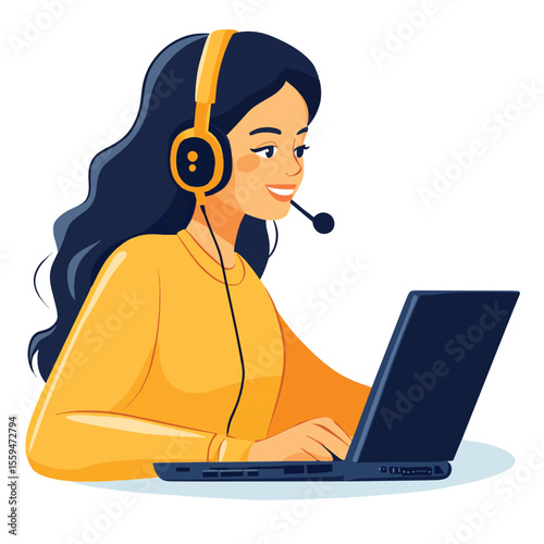 Woman hotline operator wearing headphones and microphone typing on laptop. Call center, customer service, assistance concept. Vector illustration