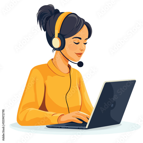 Woman hotline operator wearing headphones and microphone typing on laptop. Call center, customer service, assistance concept. Vector illustration