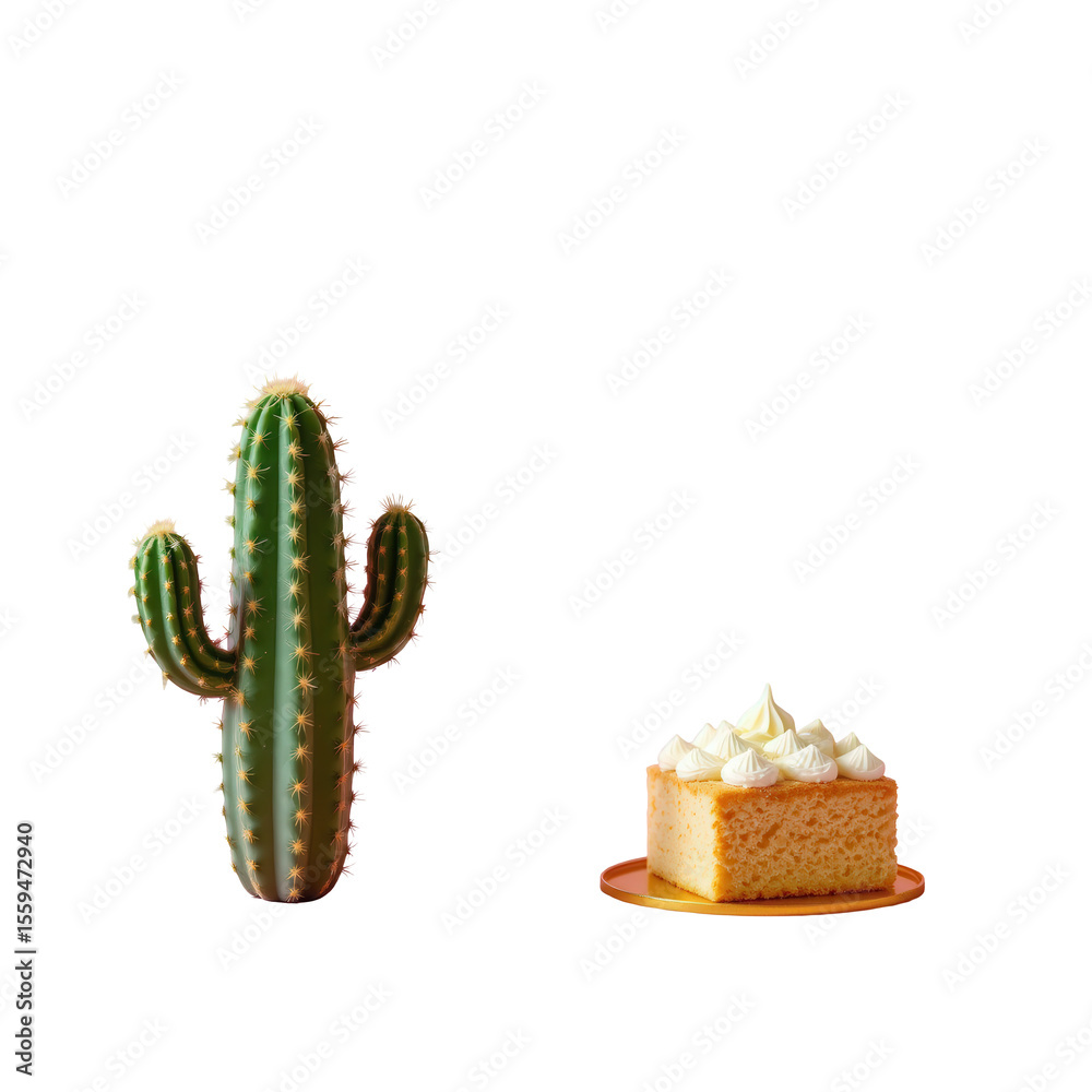 Naklejka premium Cactus and Cake on White Background for Minimalist Home Decor and Dessert Inspiration