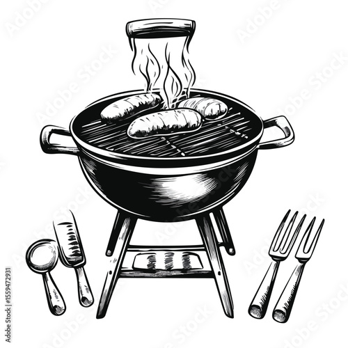 Fun Cartoon Barbecue Illustration in Black and White for Design Projects