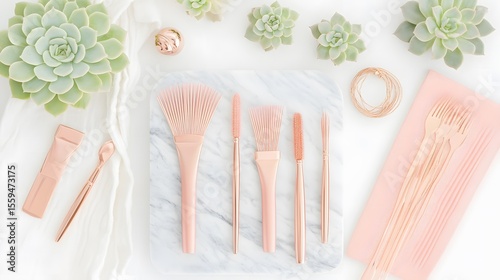 Rose Gold Beauty Tools & Succulents Flatlay