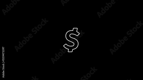 An animated dollar sign icon on a black background. The animation starts with clean white lines drawing a bold dollar sign ($). The sign pulses or glows softly, with subtle sparkles .