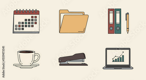 Collection of office items including a calendar, file folder, binders, pen, coffee cup, stapler, and laptop with graph