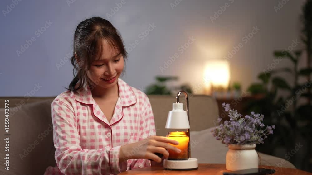 Asian Woman Using Candle Warmer for Aromatherapy in Pajamas for Relaxation and Longevity Lifestyle Practice at Home. Candle Fragrance and Peaceful Moment Asian Woman Using Candle Warmer for Aromatherapy in Pajamas for Relaxation and Longevity Lifestyle Practice at Home. Candle Fragrance and Peaceful Moment