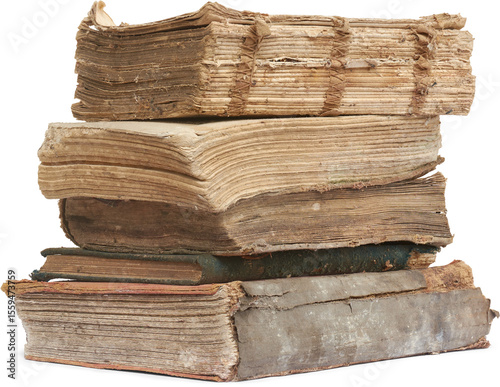 stack of old torn books isolated white background, discolored and ruined books with covers missing revealing bound pages and frayed edges, side view