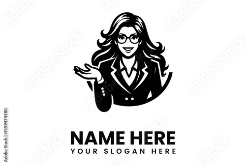 A smiling woman with glasses and a suit jacket gestures with her hand in a logo design.