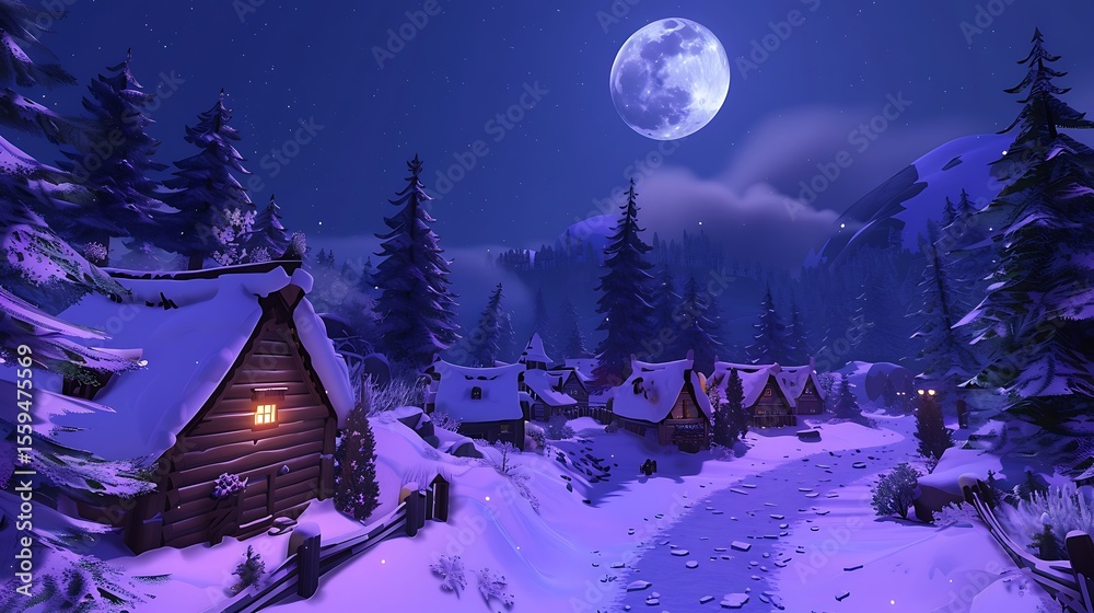 Naklejka premium A tranquil snow-covered village nestled between towering pine trees under a full moon