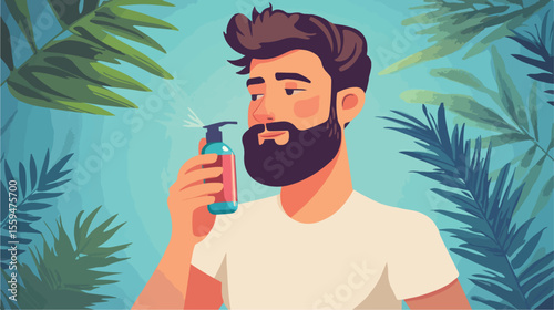 Bearded Man Applying Anti-Mosquito Spray Outdoors