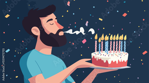 Bearded Man Blowing Birthday Candles Vector Illustration