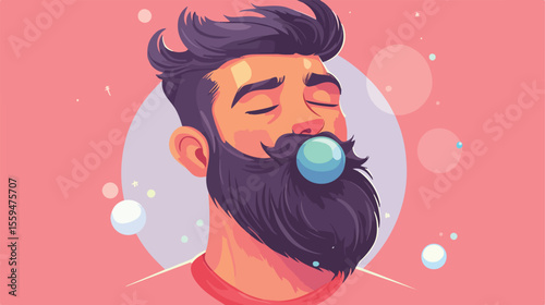 Bearded Man Chewing Gum Flat Vector Illustration