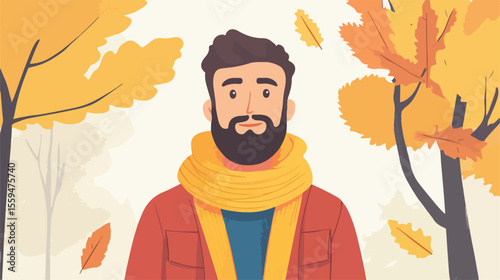 Stylish Bearded Man in Autumn Attire Flat Vector Illustration