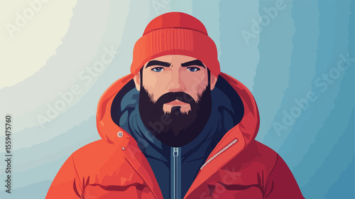 Stylish Bearded Man in Winter Outfit Flat Vector Illustration