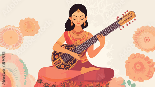 Beautiful Indian Girl Playing Sitar Flat Vector Illustration