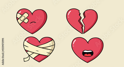 Set of Hearts with Emotional States - Broken, Bandaged, and Happy