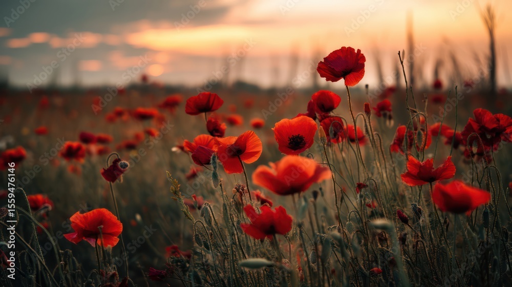 Obraz premium Red poppy flowers field at sunset landscape photography floral nature background image stock