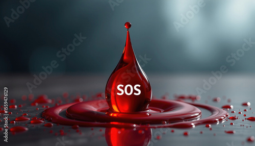 Striking red droplet with letters SOS prominently displayed, surrounded by pool of red liquid, evokes sense of urgency and alertness