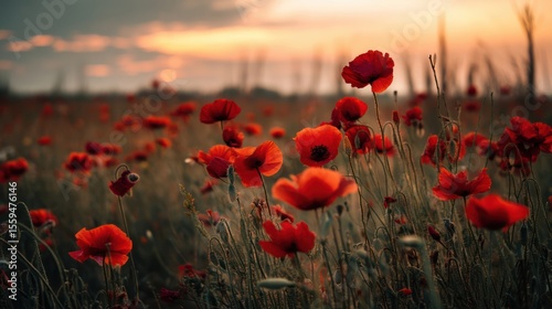Red poppy flowers field at sunset landscape photography floral nature background image stock