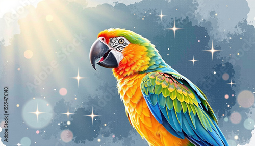 Vibrant parrot with bright green, blue, and orange feathers stands out against dreamy background filled with sparkling stars. Its expressive eyes