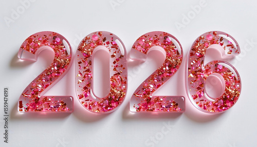 Vibrant display of numbers 2026, crafted from clear material filled with sparkling pink glitter and confetti, creating festive and celebratory