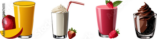 A colorful array of refreshing drinks including a smoothie, milkshake, and juices 