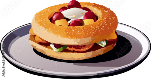 A delicious bagel sandwich artfully presented on a plate, a delightful food
