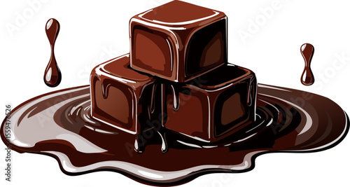 Melting chocolate cubes in a pool of melted chocolate. The rich brown color and glossy texture create a decadent image.