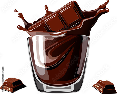 A bar of chocolate splashing into a glass of liquid chocolate, a tempting and delightful dessert image. Also with two pieces of chocolate on the bottom