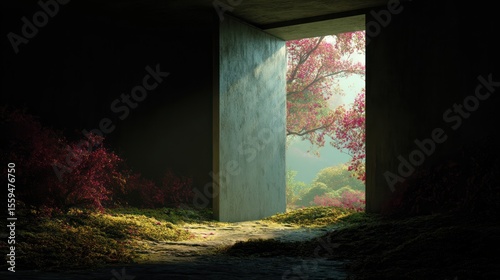 Portal to spring garden serene landscape blossom trees nature pathway fantasy art scene