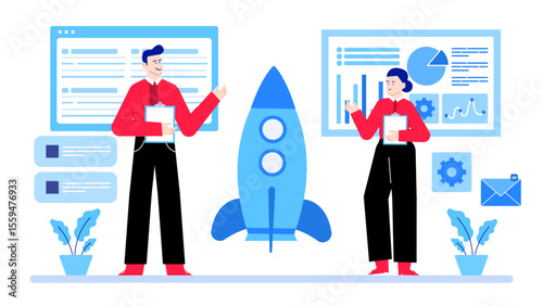 Two colleagues discuss project plans by rocket. Perfect for illustrating teamwork, innovation, collaboration, planning, success in business presentations or articles.