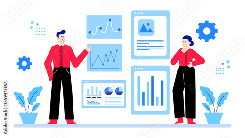 Two colleagues discussing data charts and graphs together. Suitable for business presentations, teamwork concepts, analyzing statistics, and office collaboration themes.
