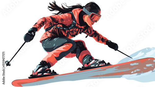 Professional Biathlete Woman on Snowboard Flat Vector Illustration
