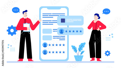 Online reviews and two people discussing feedback. Suitable for websites, articles, social media posts about consumer feedback and online reviews.