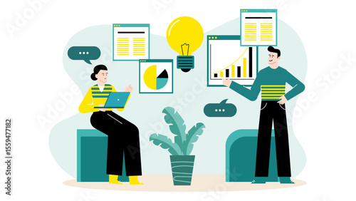 Two individuals analyzing data charts while a lightbulb shines above them; ideal for technology, brainstorming, and innovation concepts.