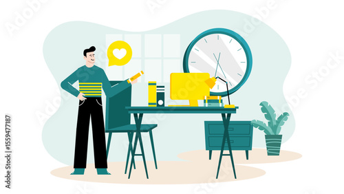 Man happily working at his teal desk, suitable for office related designs, remote work concepts, work life balance articles, and business blogs.
