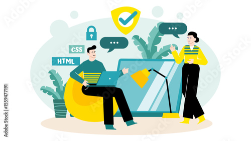 Colleagues discussing web development with HTML and CSS. Suitable for technology and teamwork concept designs, presentations, and publications.