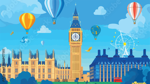 Iconic Big Ben and Westminster in London with Air Balloons Floating