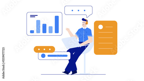 Man multitasking with laptop and headset. Suitable for work from home, remote work, online communication, tech support concepts.