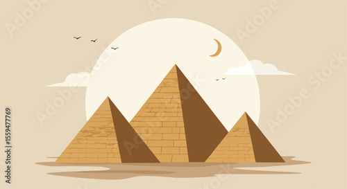 Egyptian Pyramids in the Desert with Sunset Background