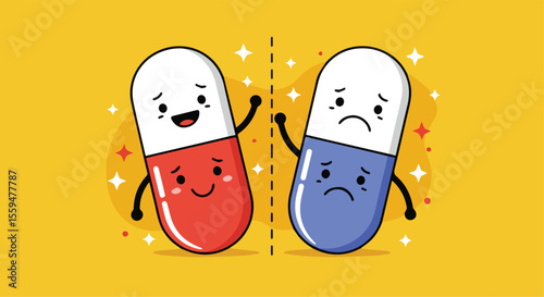 Cute Cartoon Capsule Pills with Happy and Sad Faces on Yellow Background

