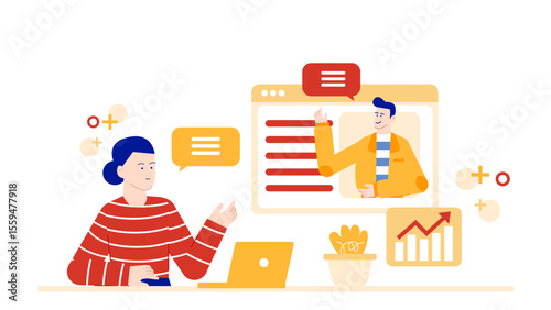 Title Online meeting with a laptop and growth chart. Suitable for business presentations, webinars, blogs, and digital marketing content.
