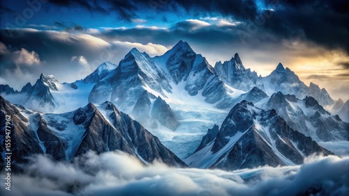 Frosty mountain peaks descend into a darkening blue haze