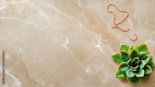 Elegant Succulent Plant and Rose Gold Chain on Beige Marble Background