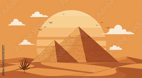 Egyptian Pyramids in the Desert with Sunset Background