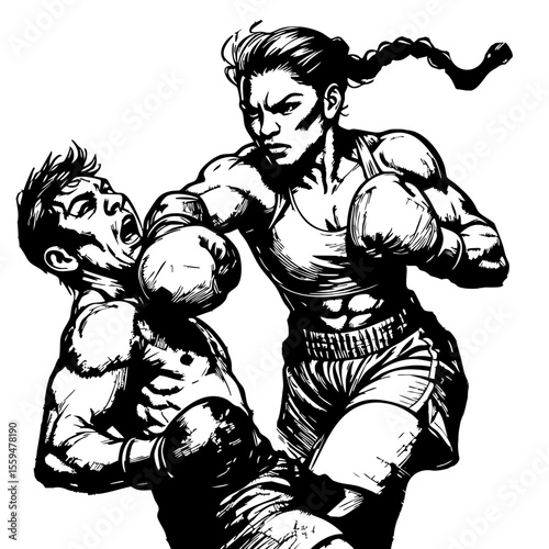 
Fierce Female Boxer Knocking Out Male Opponent – Dynamic Comic Style Fight Scene

